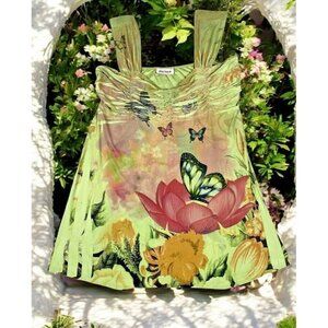 Y2K Fairycore Butterfly Ruched Mini Dress/Tunic Top Green Floral Reina M/L
